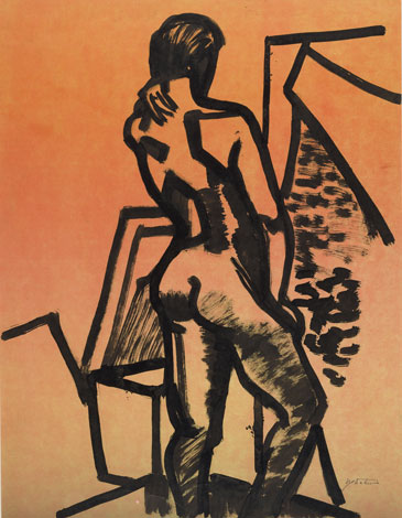 Seisev akt punasel taustal