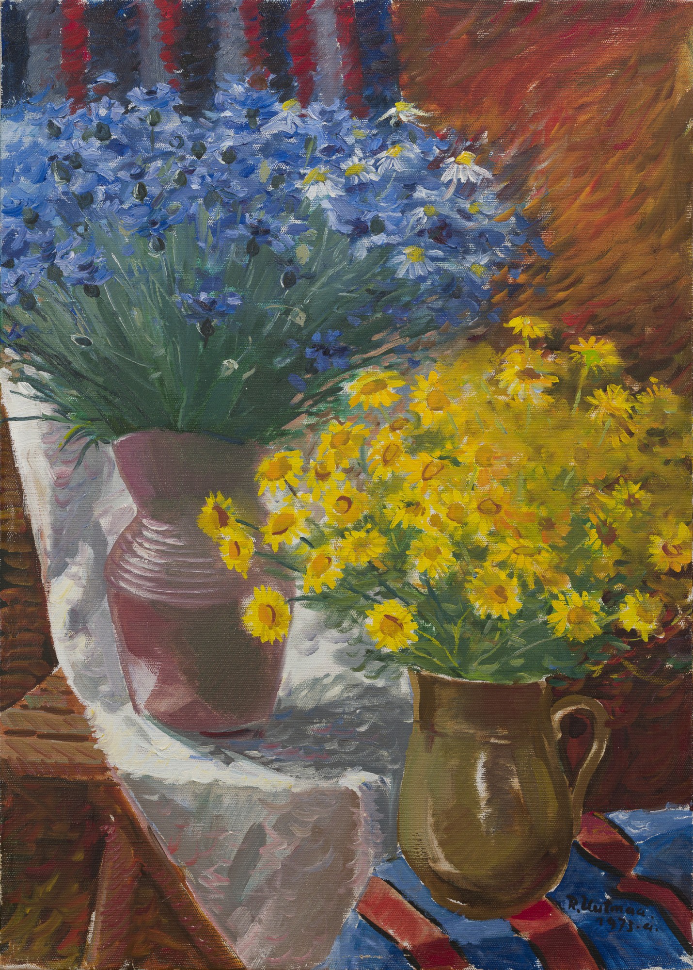 Cornflowers and Yellow Daisies