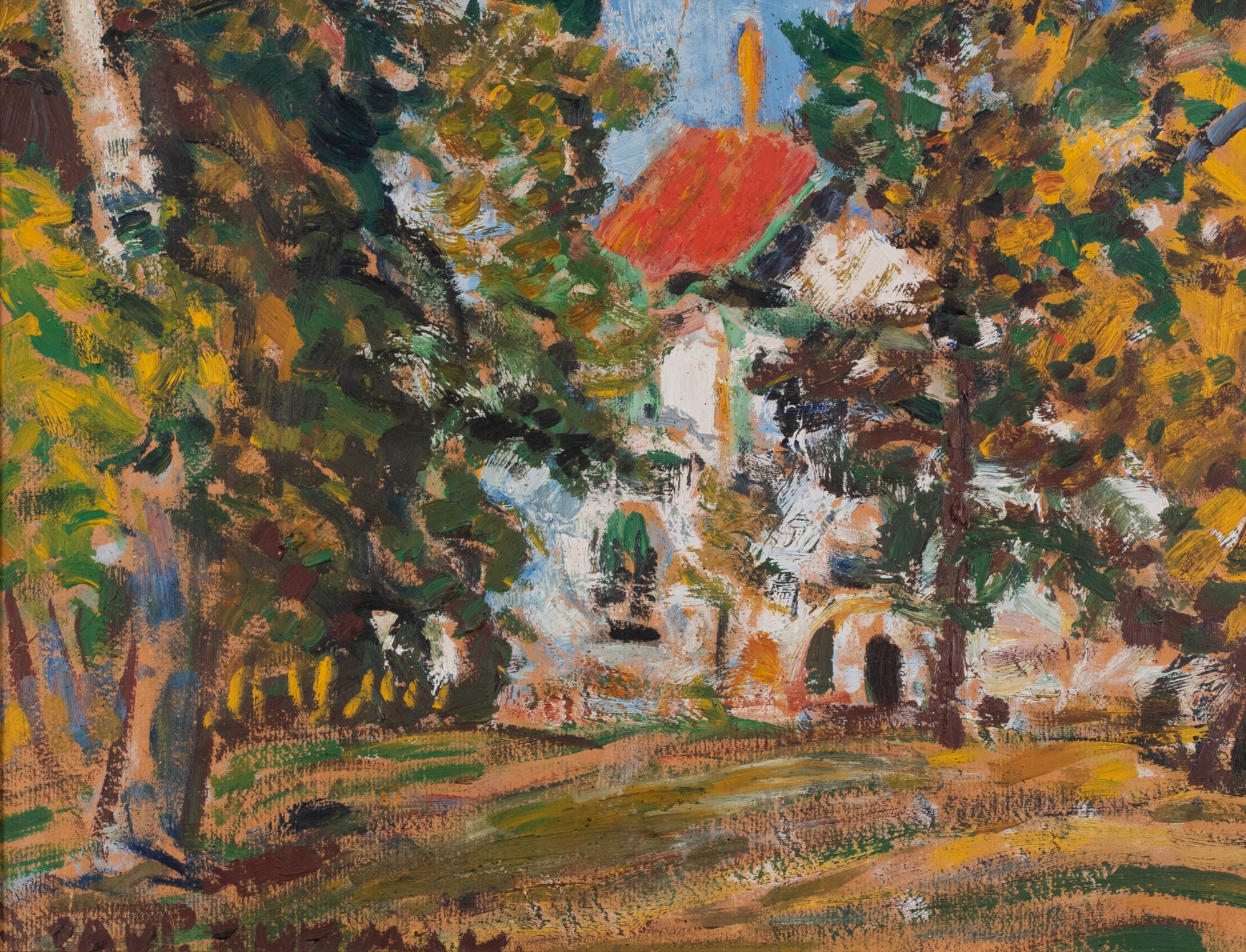 Park View of a Red-Roofed House