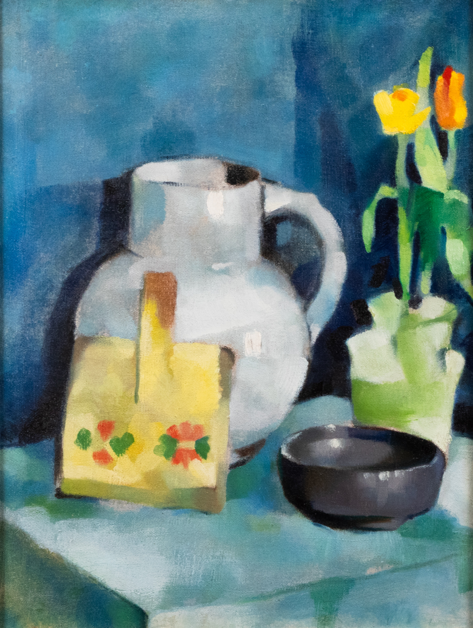 Natüürmort kannu ja tulpidega