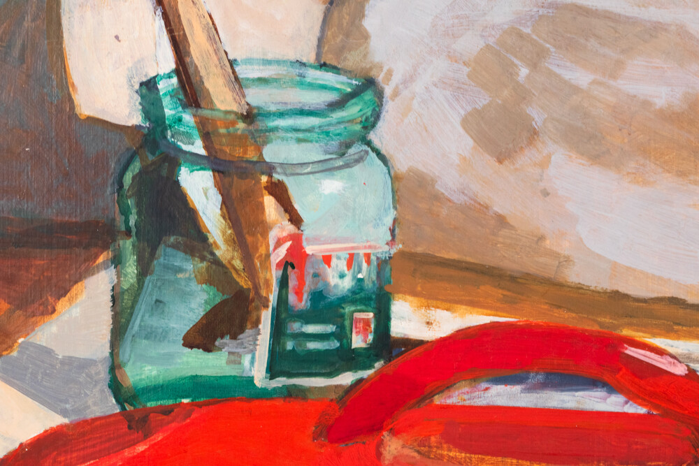 Natüürmort punase kaane ja purgiga