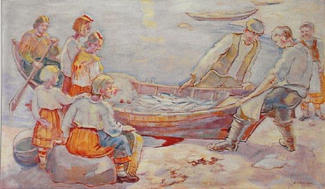 Kompositsioon laste ja paadiga