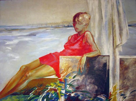 Talvemaastik. Tüdruk punases kleidis.