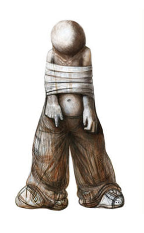 A boy with tied hands