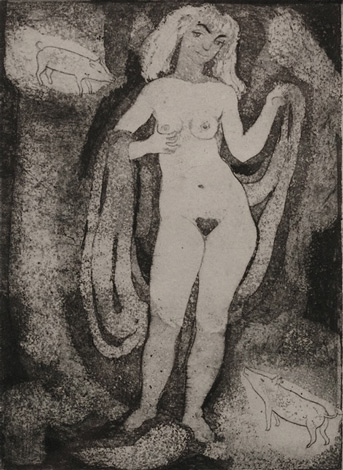 Illustratsioon "Mustlasmuinasjuttudele" (Tüdruk põrsastega)