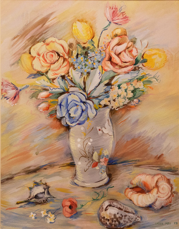 Lydia Mei "Natüürmort lillevaasi ja merekarpidega"