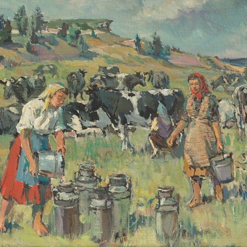 Oskar Raunam "Cow Milking in the Pasture"